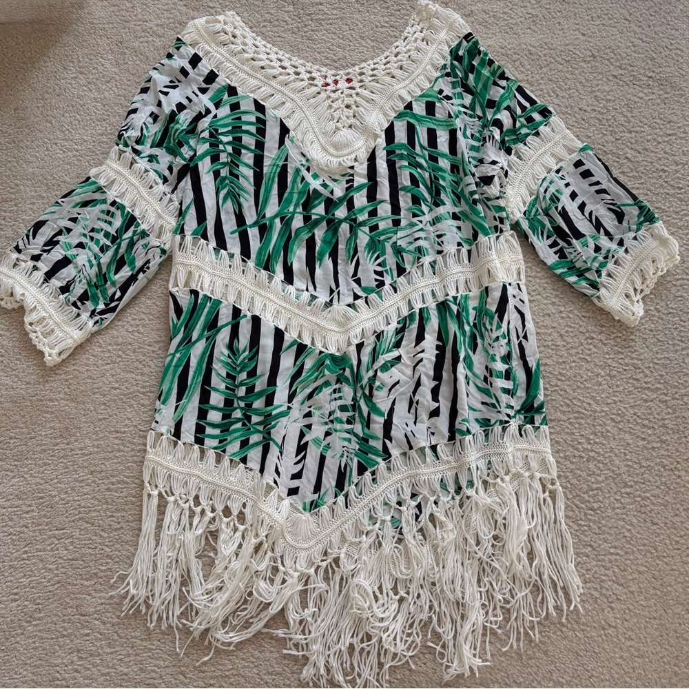 Tropical green leaves Fringe tassel tunic Top by Negs, sz XL (see measurements) - Picture 4 of 4